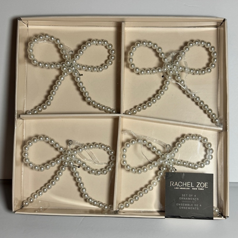 Rachel Zoe Faux Pearl Bow Ornaments 6" Set‎ of 4 Christmas Holiday Glam, New